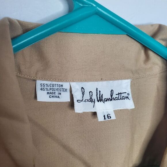 Lady Manhattan 16 Short Sleeve Button Down Shirt Tan Front Breast Pockets - Picture 6 of 7